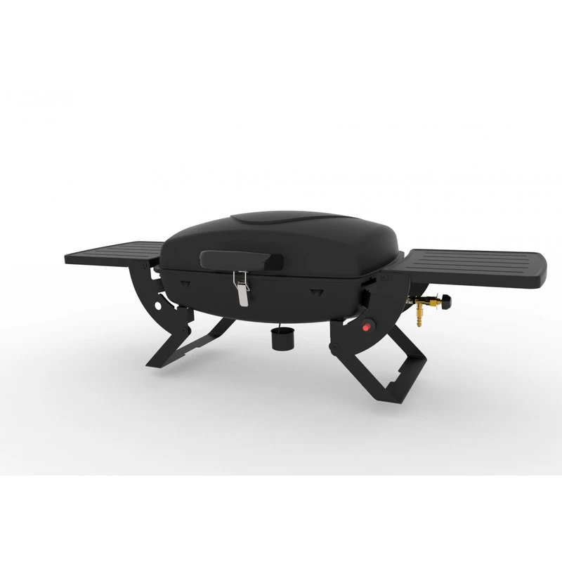 Portable gas grill folded flat for compact storage and transport.